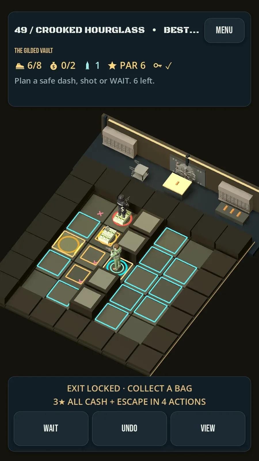 Plan every move. The cyan tiles are where you can dash.
